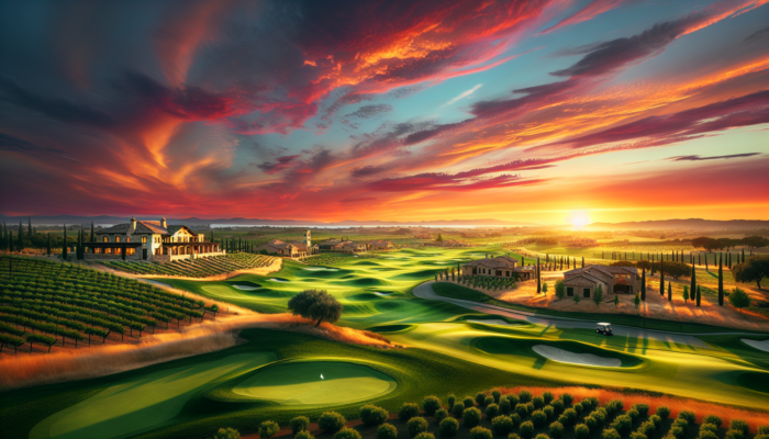 Vibrant sunset over Fairview Golf Estate, showcasing lush fairways, historic fields, opulent villas, and distant neighboring estates.