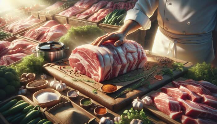 Chef's hand selecting marbled pork shoulder from fresh cuts in a sunlit market stall, surrounded by herbs, spices, and a slow cooker.