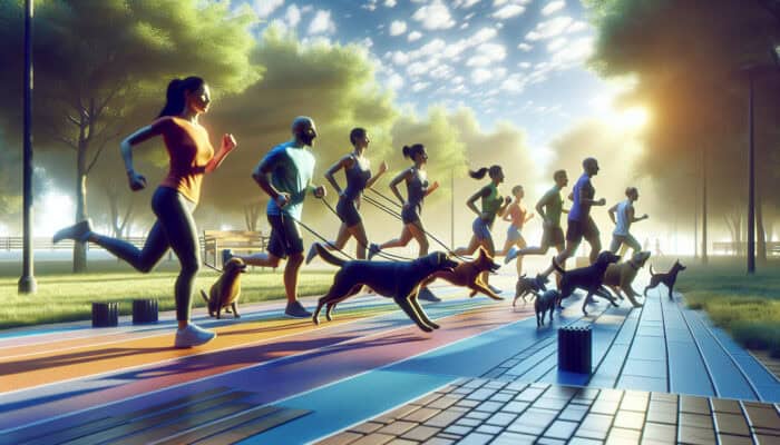 Active owners and playful dogs jogging and doing agility drills in a sunny park, promoting cardiovascular health and joyful bonds.