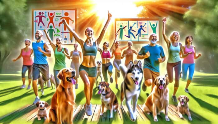 Happy owners and energetic dogs bonding in an outdoor fitness class, radiating joy and accomplishment in a sunny park.