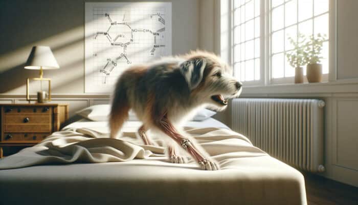 Pain Relief Options for Senior Pets: An elderly dog with graying fur struggles to rise from a soft bed, its face showing pain from arthritis in a sunlit room.