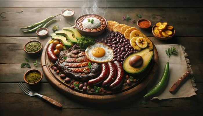 An artfully arranged Colombian Bandeja Paisa platter, featuring grilled steak, chorizo, beans, rice, egg, avocado, plantains, and arepas presented on a steaming wooden board.