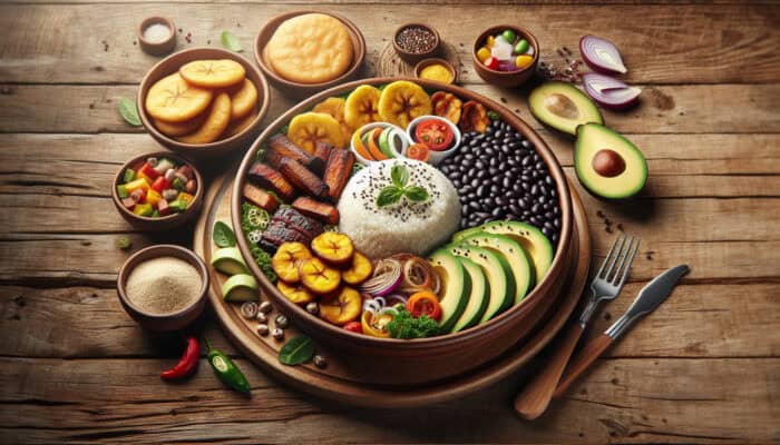 A vibrant plate of enhanced Bandeja Paisa featuring quinoa, black beans, grilled meats, plantains, avocado, and arepas on a rustic table.