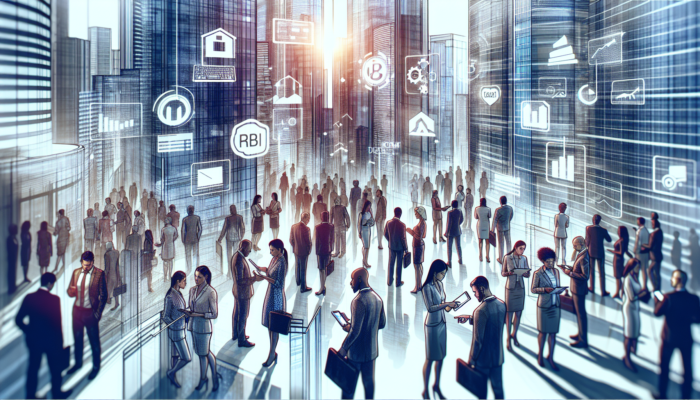 Mid-level home buyers analysing property listings and price charts on tablets in a bustling urban landscape with modern buildings.