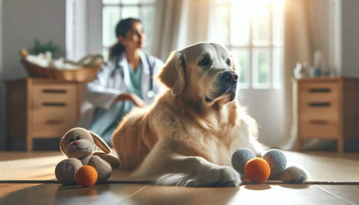 Neutering Makes Dogs Lazy: A serene golden retriever resting peacefully at home after neutering, with sunlight, toys, and a gentle veterinarian nearby.