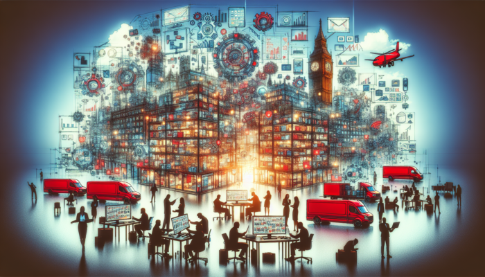 Vibrant London office scene: professionals comparing UK ecommerce services on screens, with custom websites, mobile interfaces, red vans, and Big Ben.