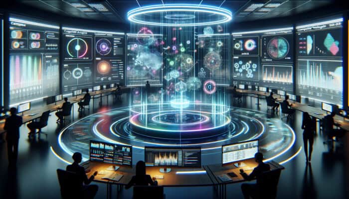 A futuristic dashboard displays competitor analysis tools with dynamic graphs, real-time data, and holographic charts in a neon-lit office.