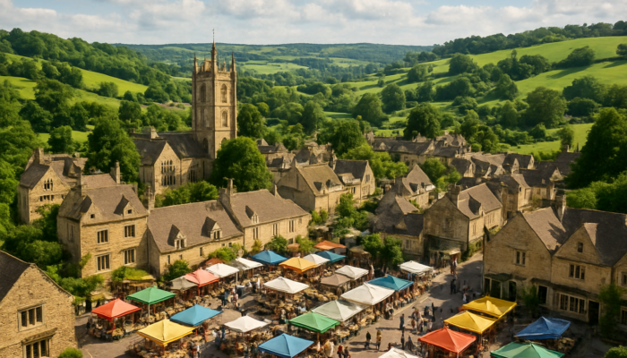 Historic Corsham town in Wiltshire with stone buildings, vibrant markets, and rolling green countryside.