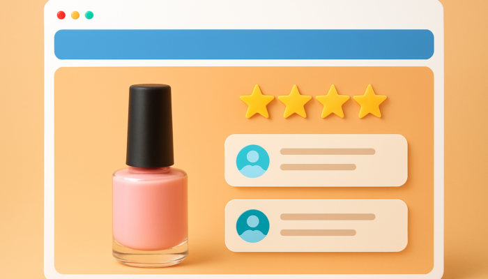 Vibrant e-commerce page for a Nailsea business: central product image featuring bold star ratings and positive customer reviews.