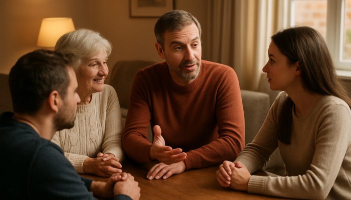 Supporting Relatives to Seek Their Own Advice | DCL UK family sharing stories around a wooden table, one gesturing animatedly as others listen intently.