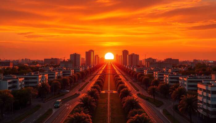 Symmetrical urban landscape during golden hour, featuring winding paths leading to a vibrant focal point and bold warm-cool colour contrasts.