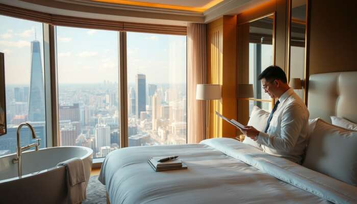 A hotel inspector evaluates pristine linens and gleaming fixtures in a luxurious five-star suite, holding a checklist with a city view bathed in golden light.