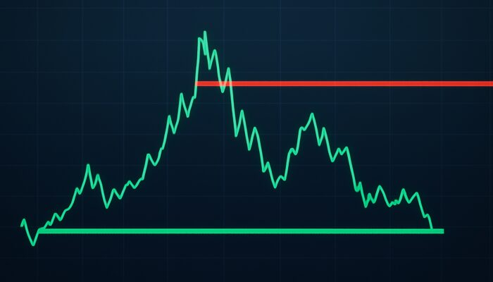 Bitcoin chart showcasing green support line and red resistance in crypto trading.