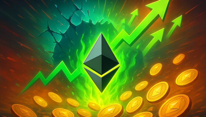 Ethereum price chart showing an upward breakout through a shattered barrier with green flames and bullish arrows.