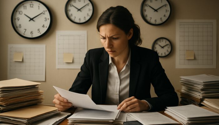 Focused campaign assistant prioritising documents in a cluttered office with clocks and task lists under deadline pressure.