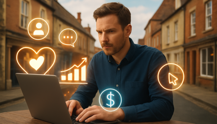Business owner in Devizes assessing digital marketing budget on laptop with social media icons and growth charts.