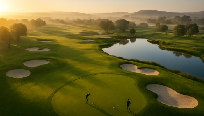 Aerial view of Maccauvlei Golf Club's dawn courses featuring lush fairways, bunkers, and players teeing off.