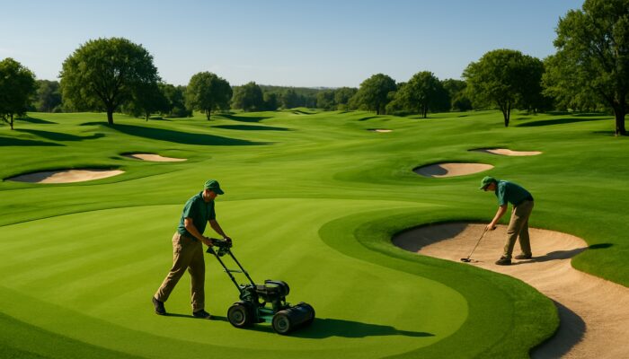 Meticulously maintained Maccauvlei Golf Club greens, fairways, and bunkers under a clear sky.