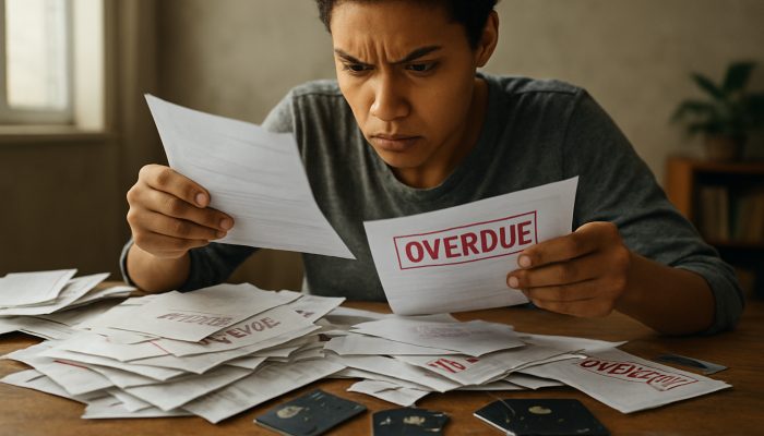 A determined individual sorting overdue bills and broken credit cards on a cluttered desk, symbolising effective debt management with bad credit.