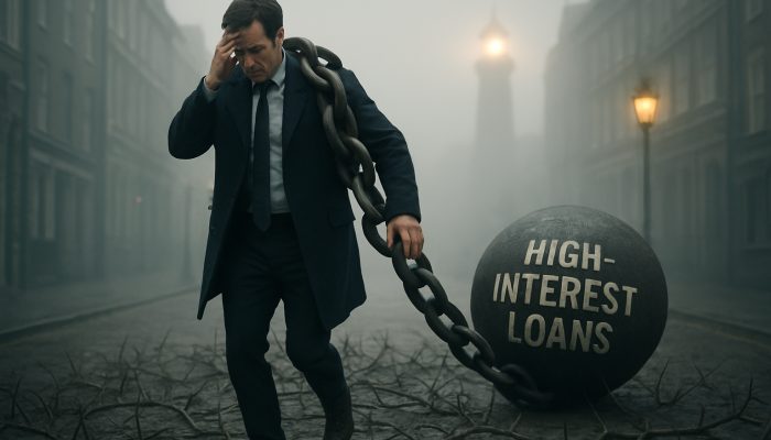 A stressed individual in a foggy London street, shackled by high-interest loans, navigating thorns towards a beacon of financial advice.