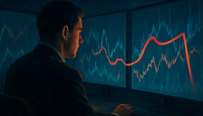 Concentrated trader observing stock charts in a dimly lit room with a protective trailing red line.
