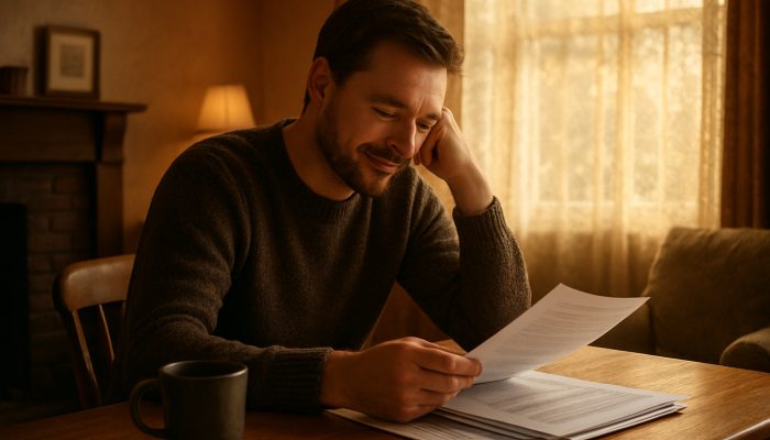 Individual reviewing consolidated debt paperwork in a comfortable British living room, demonstrating relief and clarity.