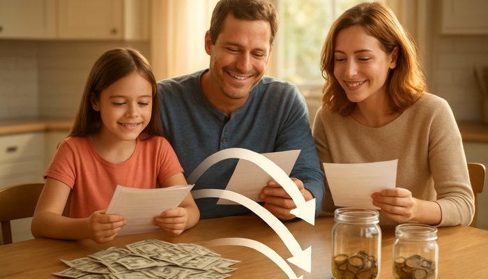 Family consolidating bills into one payment at a sunlit kitchen table, with savings jars visible