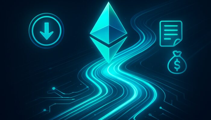 Neon blue-green visualisation depicting decreasing Ethereum gas fees through optimised glowing blockchain pathways.