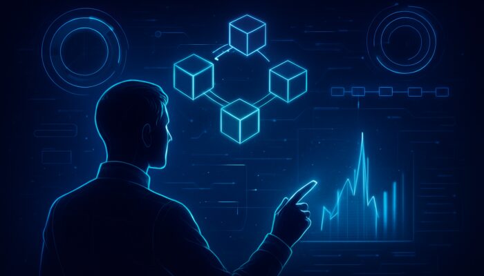 Futuristic analyst examining holographic blockchain charts for gas fee spikes amidst neon cyber timelines.