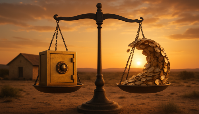 Charming Beaufort West home: symbolising fixed rates, coins representing variable rates, under a balancing scale at sunset.