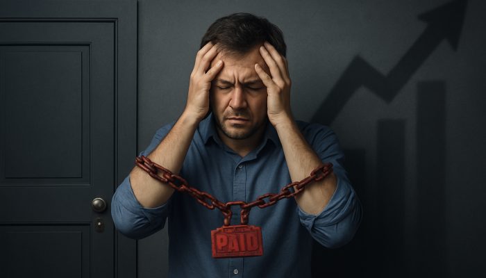 Stressed borrower hindered by missed payments before locked mortgage and loan doors with rising insurance costs