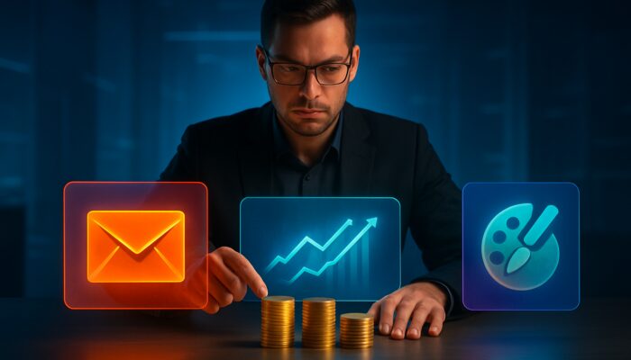 Futuristic marketer allocating golden coins to email designs, analytics dashboards, and creative tools on a sleek desk