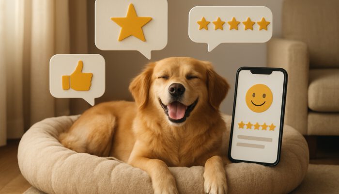 Happy dog lounging on a plush pet bed with floating reviews, star ratings, and smartphone feedback.