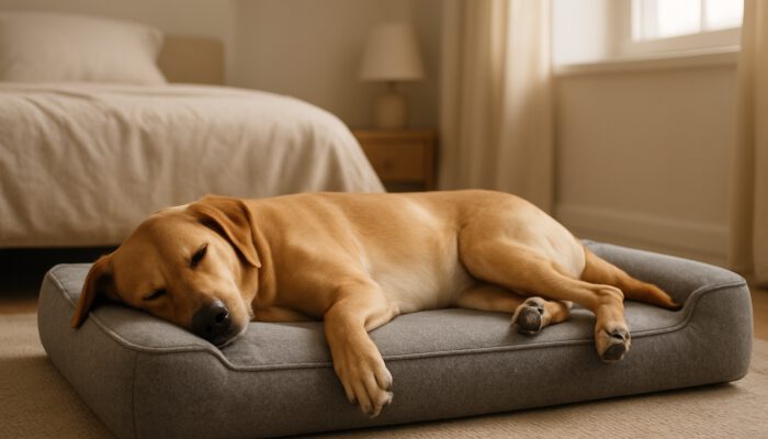 Serene dog resting on a supportive high-density foam pet bed in a cosy bedroom.
