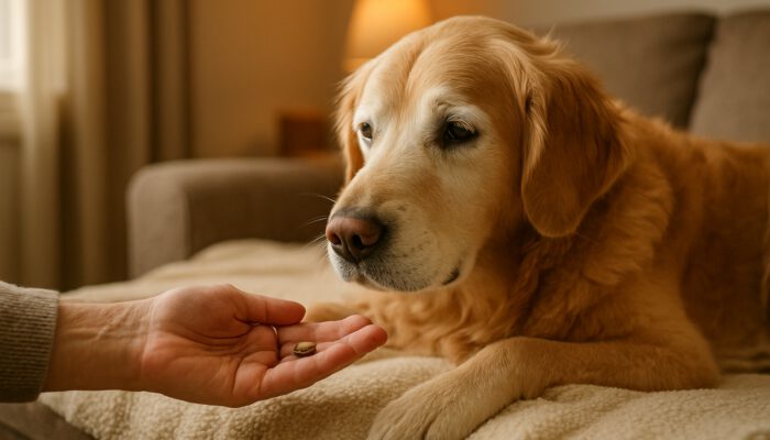 Elderly golden retriever receiving treat from owner on a comfy blanket in a warm home setting.