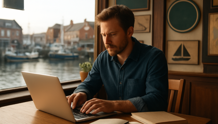 Writer typing expert blog content for Gloucester small businesses in a sunlit harbour café