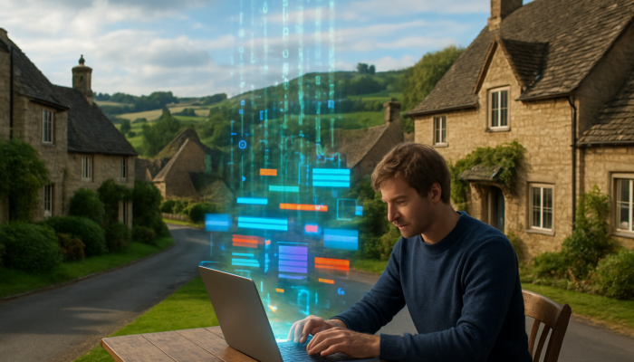 Small business owner developing a website on a laptop in a charming Bampton village with digital overlays