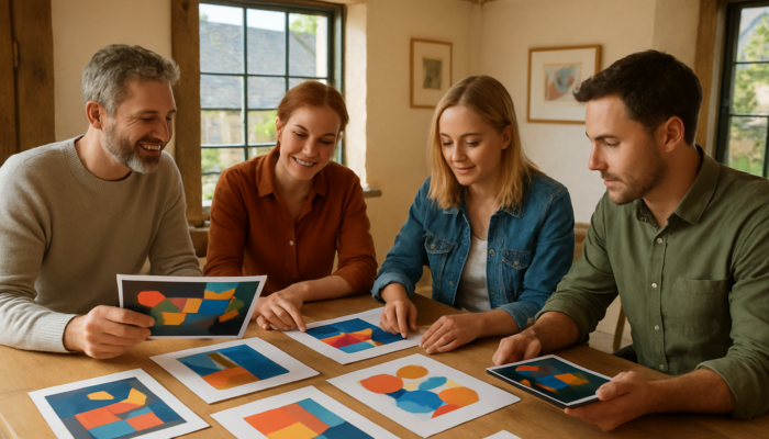 Bampton entrepreneurs reviewing vibrant web mockups with local designers in a sunlit village studio.