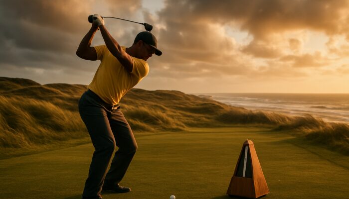 Focused South African golfer mid-swing with a metronome on a windy coastal fairway during golden hour