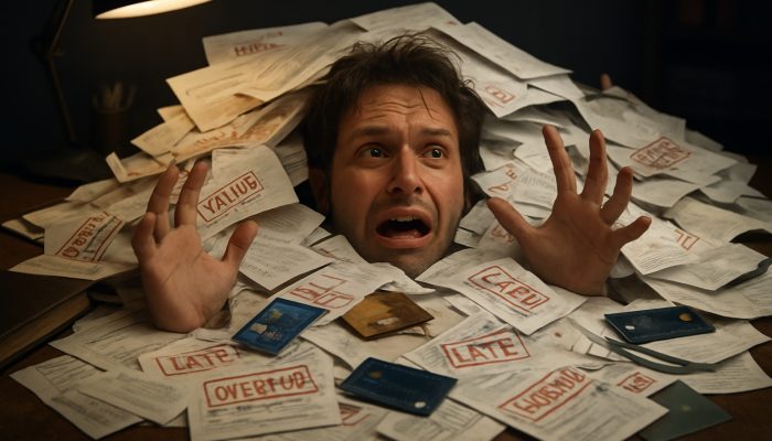 Signs You Have Too Many Separate Debts: Spot Key Indicators | DCL Individual overwhelmed by a chaotic collection of overdue bills and loan documents on a cluttered desk
