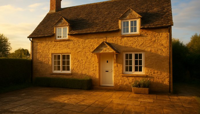 Sunny Nether Compton cottage with sparkling windows and fresh linens after thorough cleaning.
