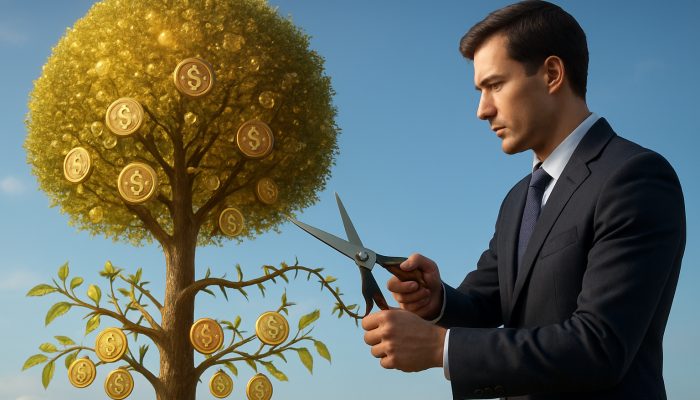 Understanding the Impact of Fees on Savings for UK Savers | DCL An investor pruning fee vines from a portfolio tree to reveal lower-cost returns under a transparent sky