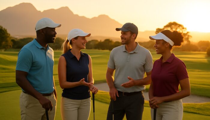 A diverse group of golfers networking at sunset on a scenic South African course with mountains.