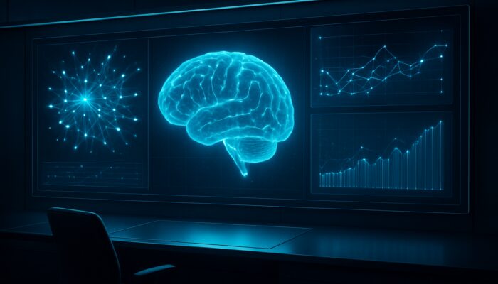 Futuristic AI dashboard with glowing neural networks, accuracy metrics, and holographic competitor pricing graphs in high-tech room.
