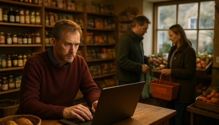 Shopkeeper reviewing economic charts on a laptop in a quaint Somerset village shop while customers purchase essentials.
