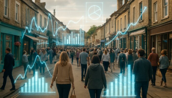 High street in Midsomer Norton bustling with shoppers, overlaid with glowing digital charts of market trends.