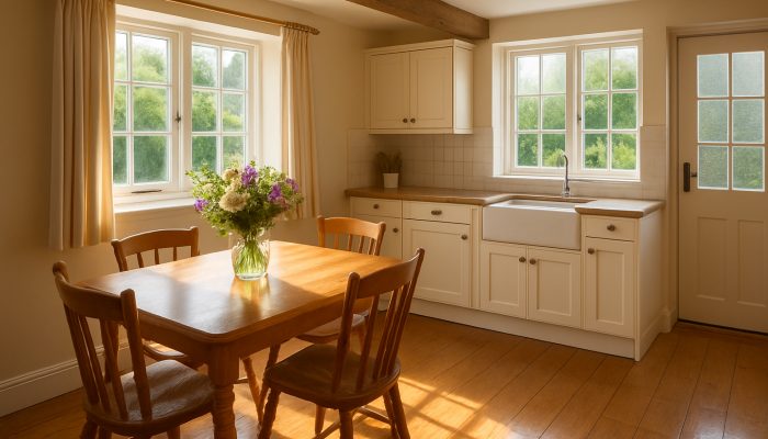 Bright Yeovil cottage kitchen sparkling after professional cleaning with fresh flowers on the table