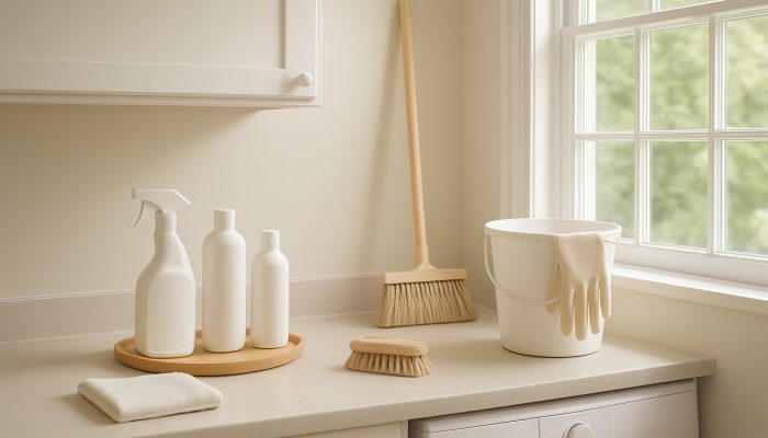 Spotless Yeovil home interior with decluttered surfaces and neatly arranged cleaning tools in natural light.
