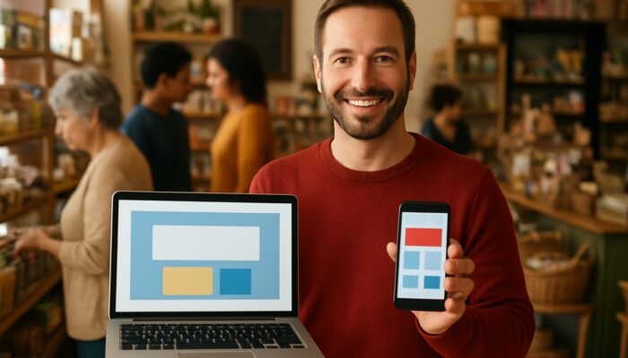 Shop owner in Tidworth showcasing a mobile-optimized website on a laptop while communicating with customers on a smartphone.