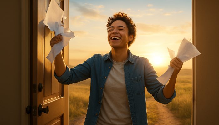 Relieved individual tearing apart debt bills as they step through an open door into a sunlit horizon for fresh beginnings.